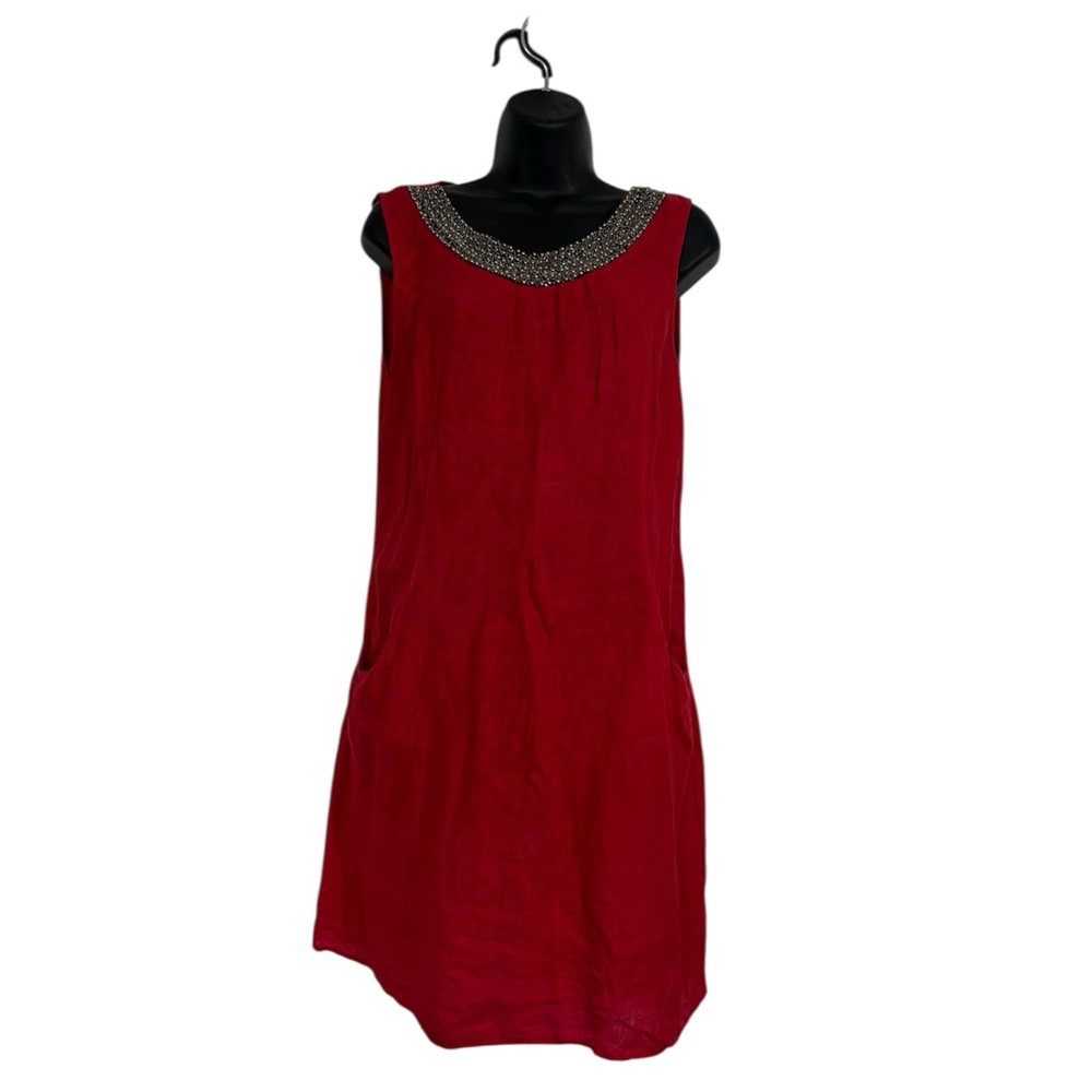 Red Sleeveless Linen Dress with Embellished Neckline
